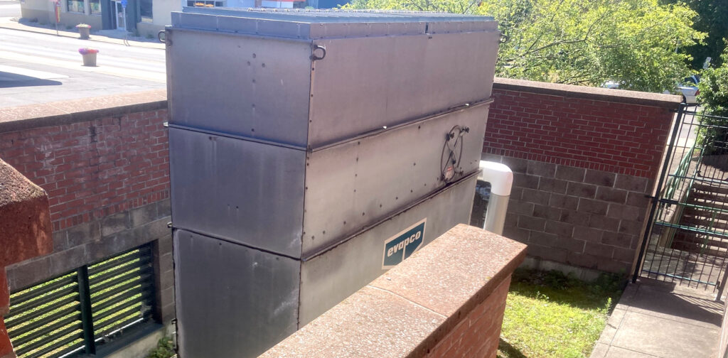 Photograph of the library's exterior cooling tower