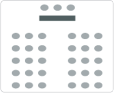 graphic showing chairs arranged on two large sections facing a table with chairs behind it